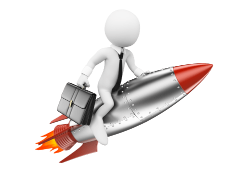 3D businessman on rocket with briefcase, symbolizing pursuit of financial freedom and smart investments.