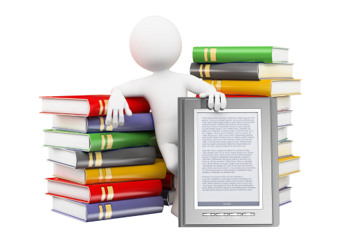 3D figure with books, representing a college student learning finance, saving money, and making smart money moves.