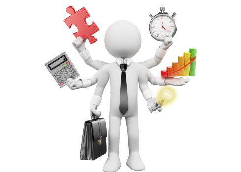 3D figure with many hands holding diverse items, illustrating a busy professional contemplating finances