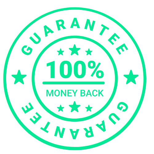 A badge with text '100% money back guarantee' for our refund policy.