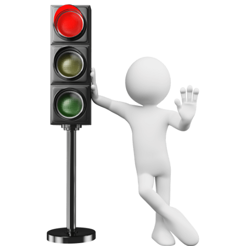 3D man standing by traffic light, gesturing to clarify "what we don’t sell”.